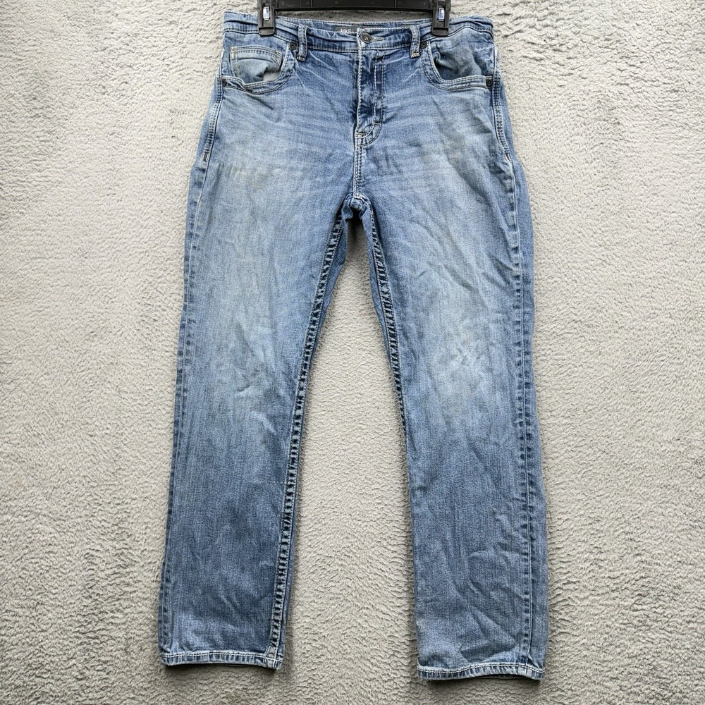 BKE Tyler Jeans 34R Blue Medium Wash Denim Straight Leg Stretch Whisker Flawed